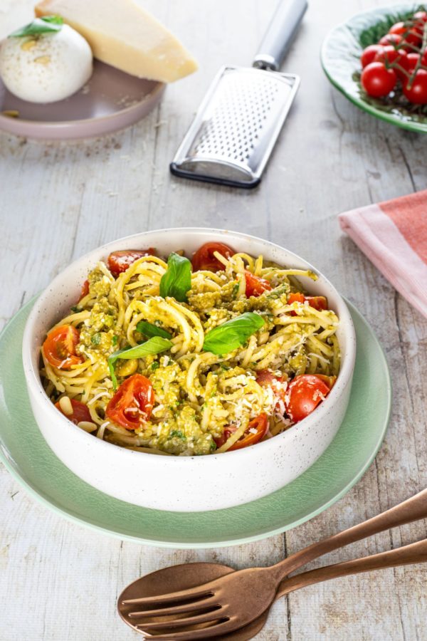 harciots-verts-51-recette-pâtes-pesto-de-haricots-verts-tomates-tomates-cerises-et-burrata